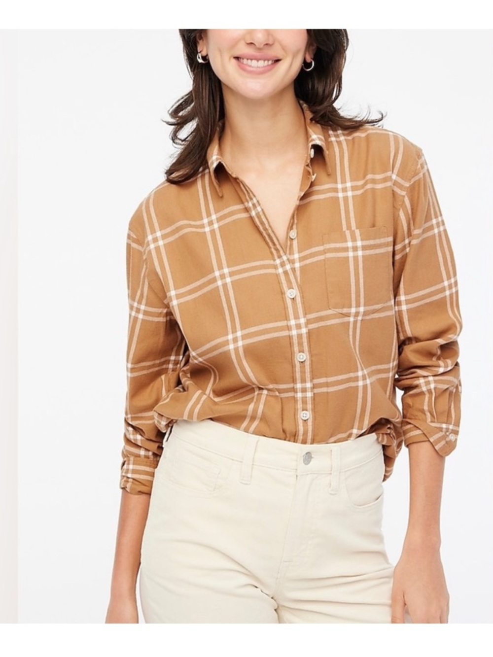 J. Crew Women's Flannel shirt tan Camel Ivory plaid sz M button front